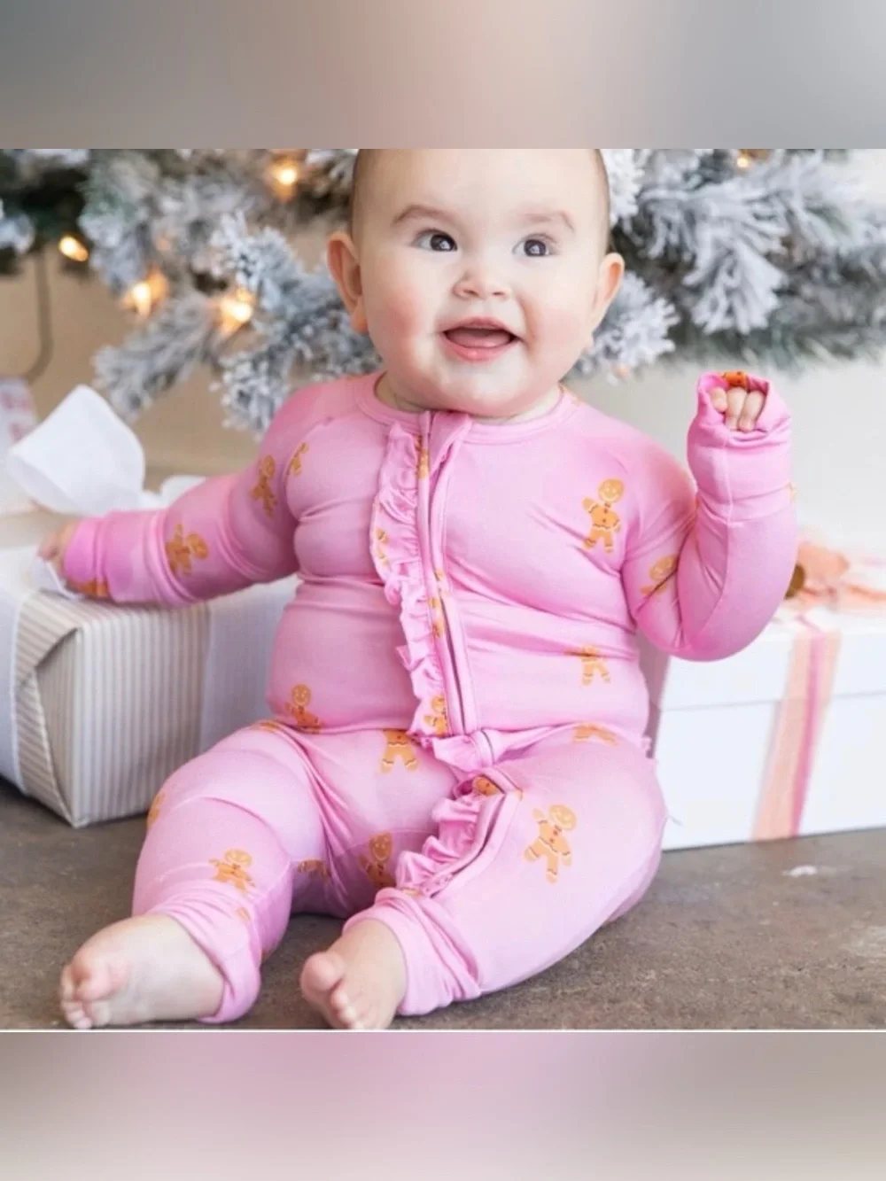 TINY TALULAH Pink Ruffle Gingerbread Bamboo Sleeper - NB